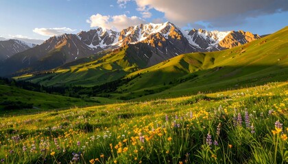Snowy Mountain Range Above Vibrant Green Meadow with Wildflowers