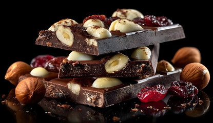 Delicious chocolate bars stacked with nuts and dried fruits. Perfect treat for chocolate lovers seeking a balance of sweet and nutty flavors.