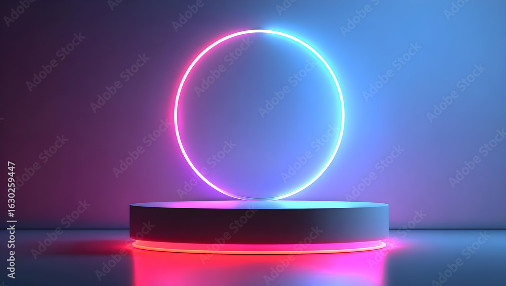 Poster a vibrant neon circle floats above a illuminated platform against a gradient background. perfect for