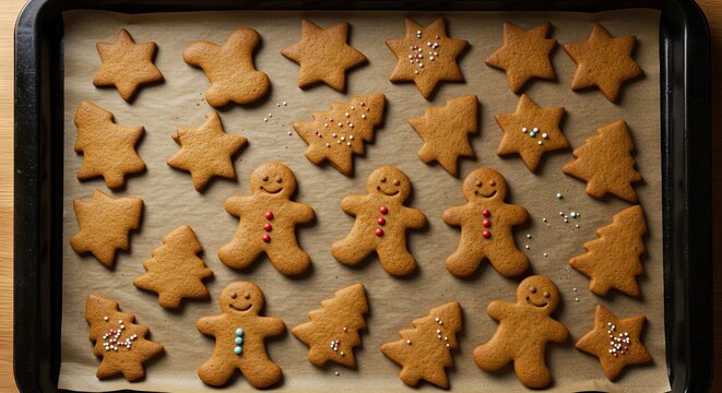 Baked gingerbread cookies of stars trees and men arranged on parchment paper within a black baking tray Some are adorned with colorful sprinkles