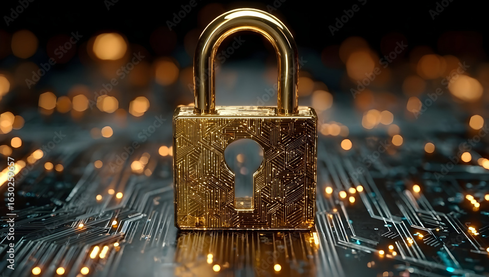Poster close-up of a golden padlock on a digital circuit board, symbolizing security and protection in the 