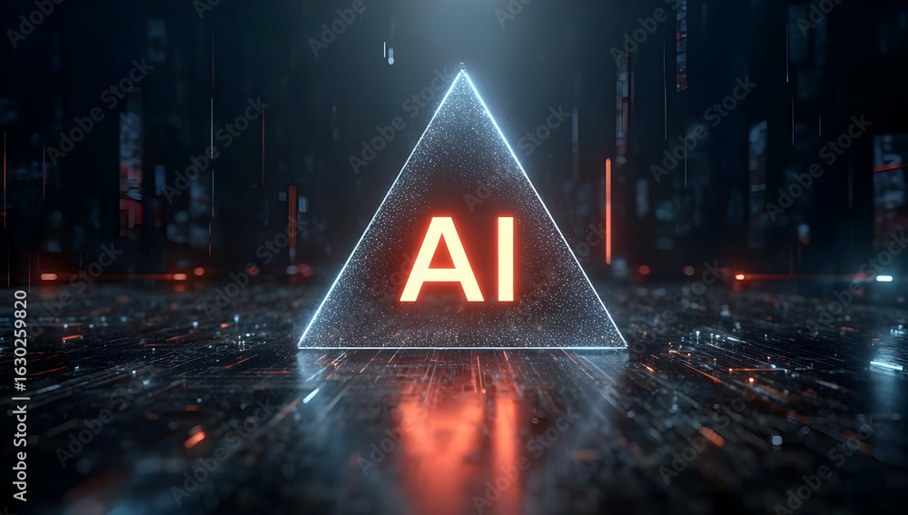 Poster futuristic depiction of ai technology, featuring a transparent pyramid displaying 'ai' in glowing re
