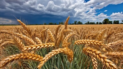 Golden wheat stalks sway in a vast field under a dramatic sky with dark clouds and bright sunlight