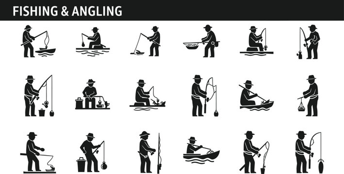 Fishing and angling icons showing outdoor recreation activities