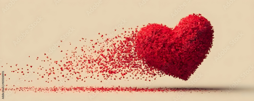 Poster a vibrant red heart made of tiny particles explodes into motion, symbolizing love, passion, and emot