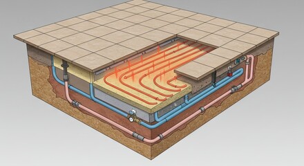 Cutaway view of a radiant floor heating system with pipes layers of insulation concrete and tile flooring