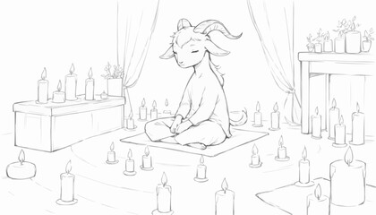 Coloring page of a goat meditating among candles in a cozy indoor setting