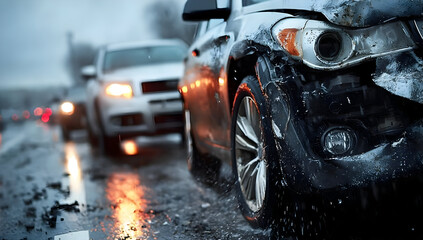 Fototapeta premium Close-up of a damaged car on a rainy road. The wet pavement reflects the gloomy sky, capturing the tension of an accident scene in urban transport.