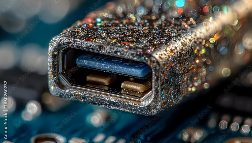 Poster close-up of a glittery usb type-c connector on a circuit board, highlighting technology's elegance a