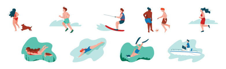 People Character on Beach in Summer Enjoy Outdoor Activity Vector Set