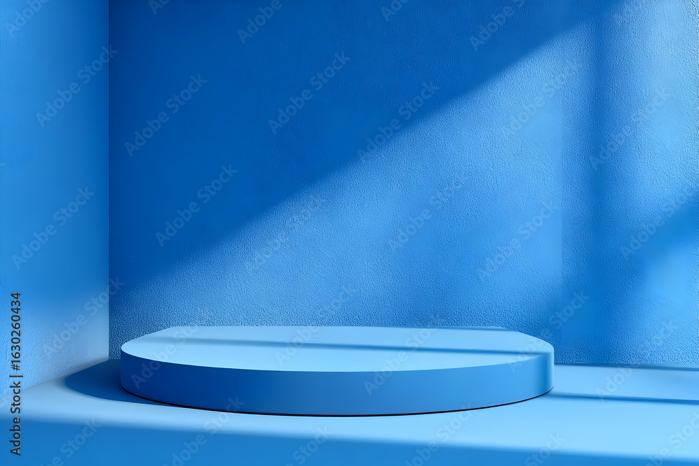 Poster this abstract image features a minimalist blue background with geometric shapes casting soft shadows