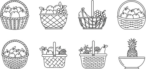 Illustration of fruit baskets, showcasing fresh and healthy food in a minimalist style, perfect for organic and vegetarian themes