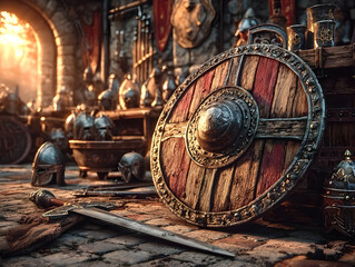 An intricate medieval shield rests on a stone floor, surrounded by armor and weaponry, capturing the essence of historical battles and craftsmanship.