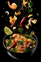 A vibrant bowl of shrimp soup bursting with flavors, garnished with fresh herbs, chili peppers, and lime, creating a visual feast.