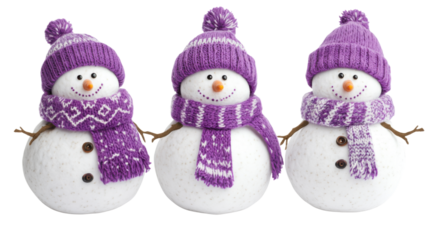 Set of three cheerful snowmen in purple hats and purple scarf isolated on white background 