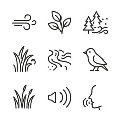 Fototapeta premium Nature's Whisper Icons. Outline icon set of whisper in nature: gentle breeze, rustling leaves, quiet forest, soft snow fall,