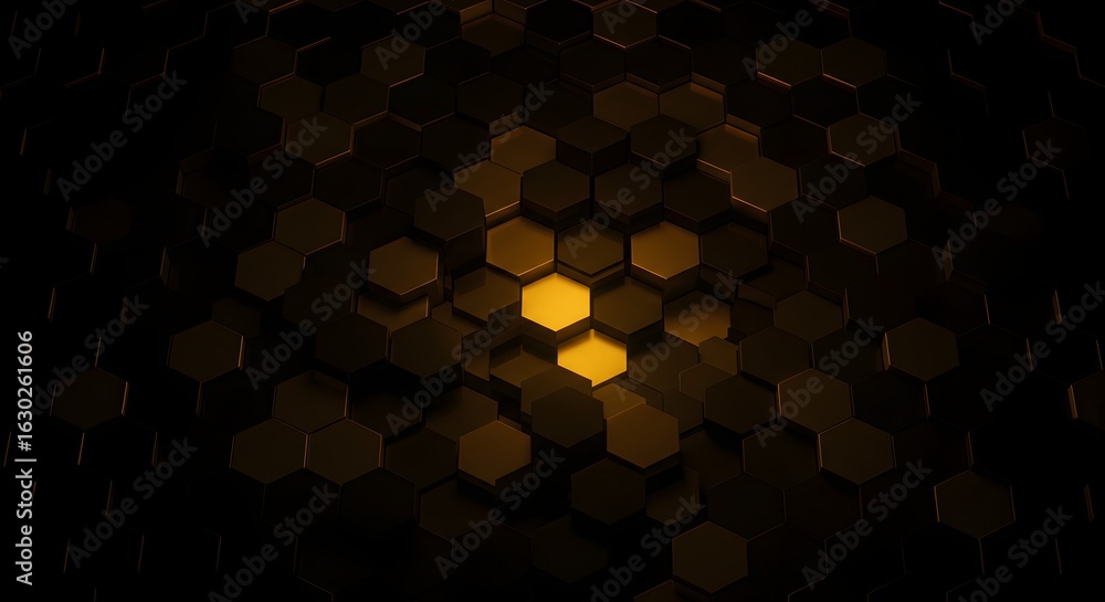 Poster abstract background featuring a field of dark hexagons with a single bright gold hexagon illuminated
