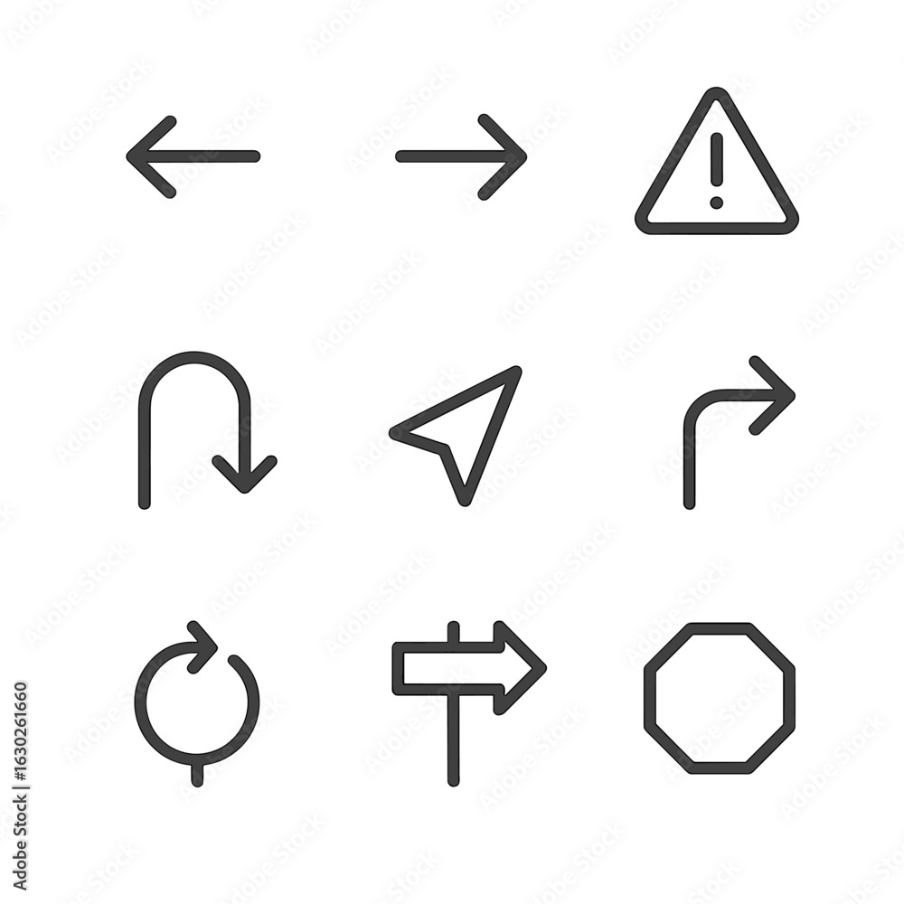 Poster navigation icon set. outline icon set of navigation turn signals: left indicator, right indicator, h
