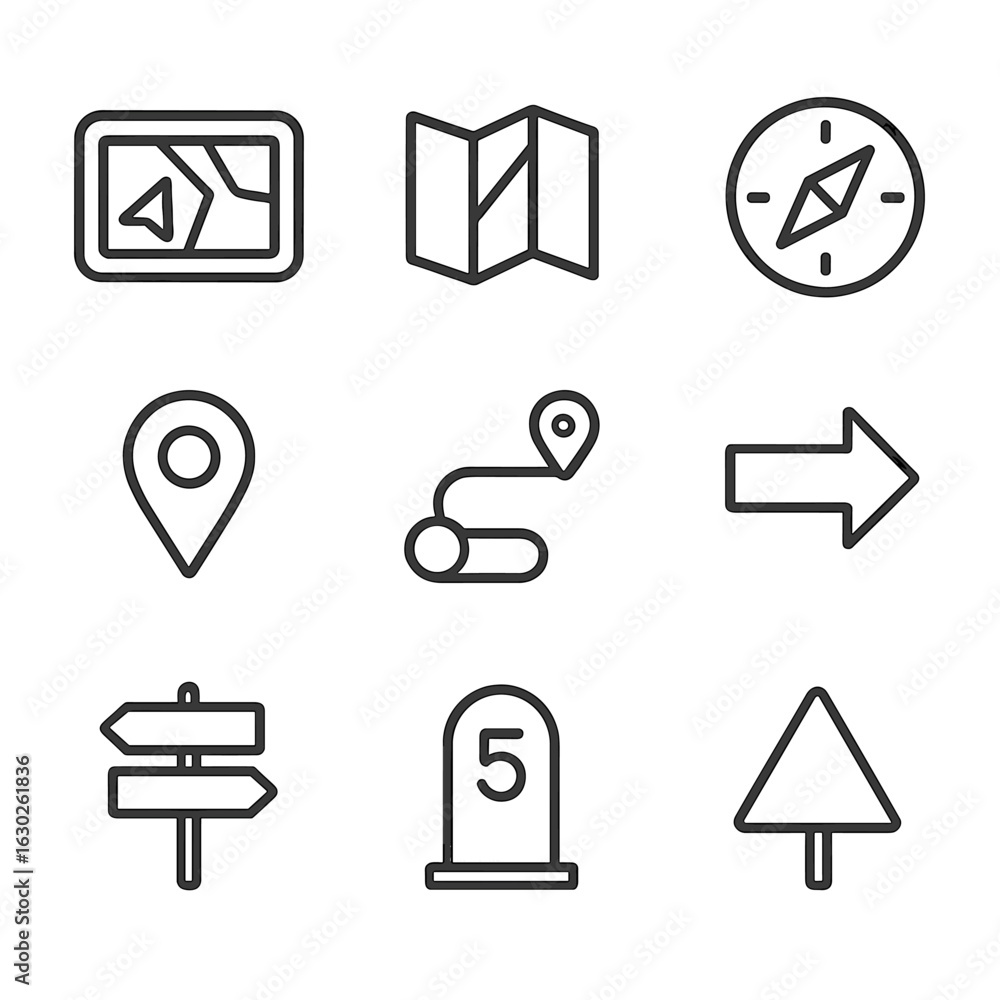 Poster navigation tool icons. outline icon set of road navigation tools: gps device, map, compass, location