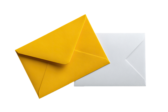 Two overlapping envelopes, one yellow, one white, against a black background
