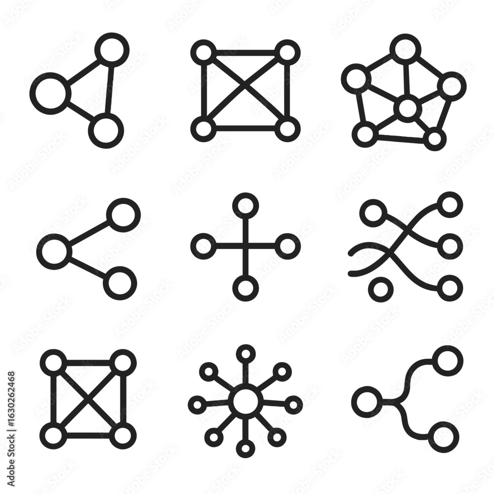 Poster network icon set. outline icon set of threads network: interconnected nodes, web of connections, net
