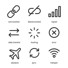 Network Icon Set. Outline icon set of network connectivity states: connected, disconnected, signal strength, data transfer,