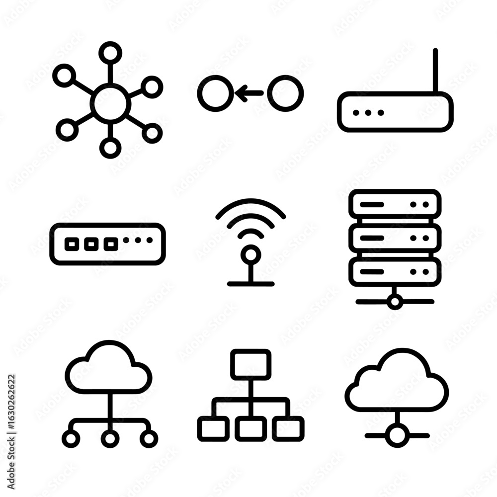 Poster network hub icons. outline icon set of hub networks: central node, connection lines, data exchange, 