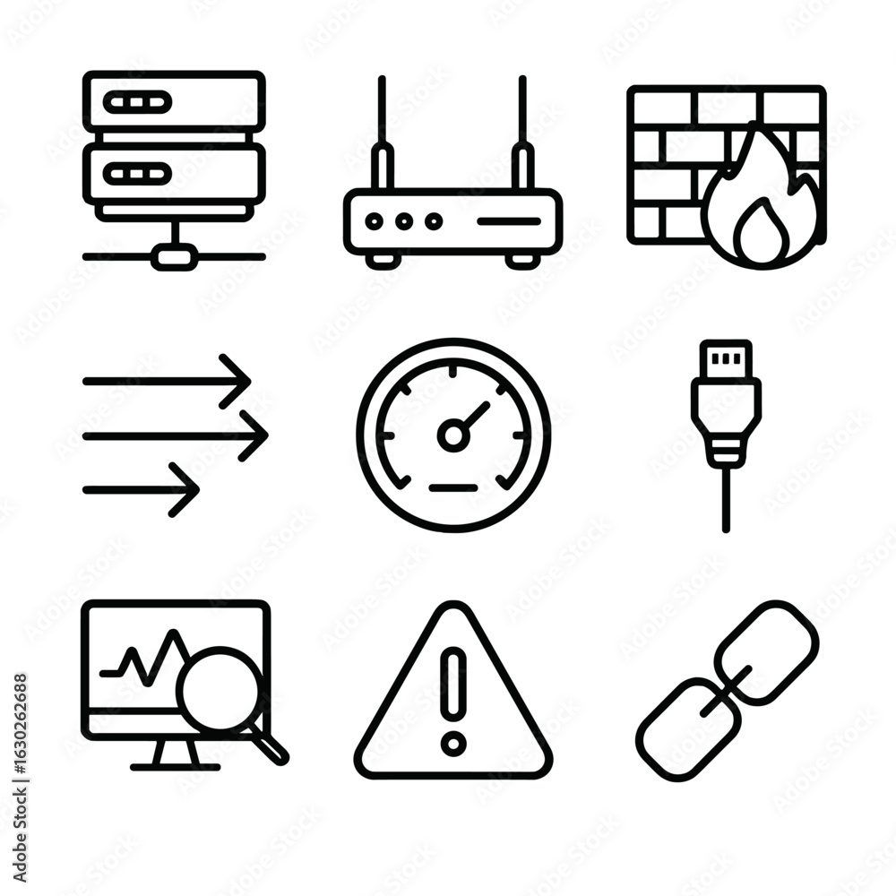 Aufkleber network monitoring icons. outline icon set of network monitoring: server, router, firewall, data flo