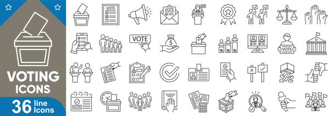 Voting line icons set. Containing ballot, box, election, voter id, checkmark, political, hand casting, election day, poll participation and more. Vector illustration