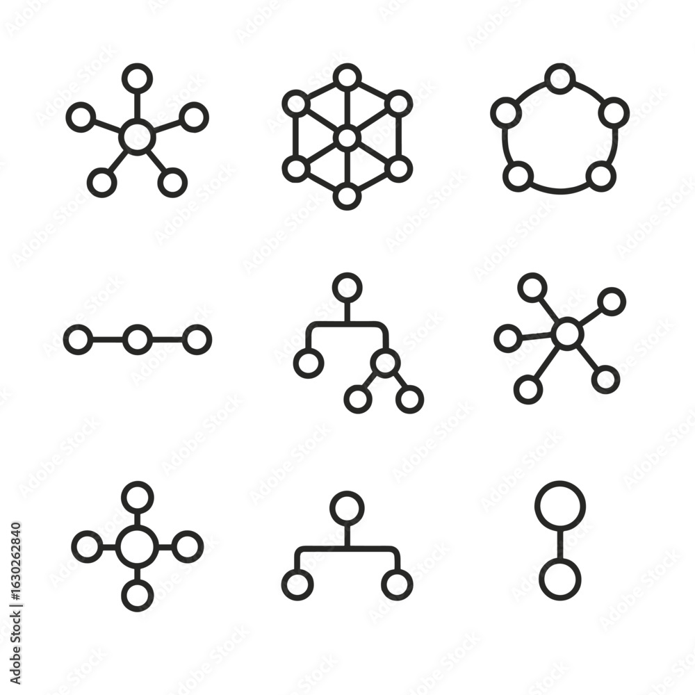 Poster network topology icons. outline icon set of network topology nodes: star node, mesh node, ring node,