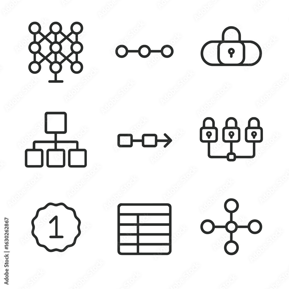 Poster network icon set. outline icon set of deep network architecture: layered nodes, backbone link, encry