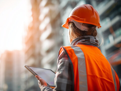 female engineer stands with her back in an orange life jacket and helmet with a tablet in her hands and looks at the process of building construction, control, leader, development, scheme, plan
