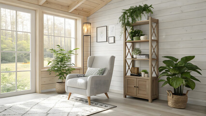 Fototapeta premium Cozy sunroom with armchair and tall bookshelf filled with plants