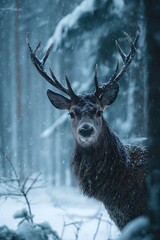 Snowy forest deer in winter.