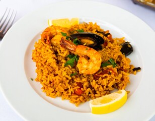 Seafood paella on a white plate, a traditional Spanish dish