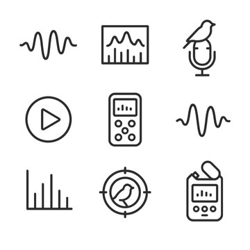 Night Bird Call Icons. Outline icon set of night bird calls: sound wave icon, call spectrogram graph, microphone with bird