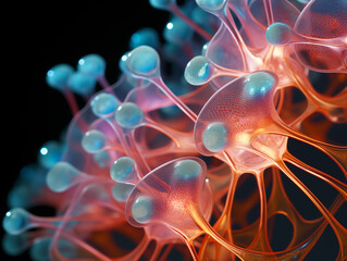 Obraz premium Microscopic view of vibrant cell structures with glowing blue and red elements, perfect for science.