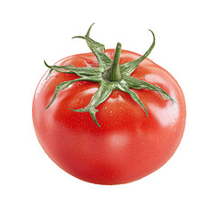 Ripe red tomato with green stem isolated on transparent background