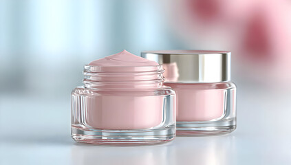 Close-up of two elegant glass jars containing pink cream, ideal for skincare and beauty themes. The soft focus backdrop adds a tranquil ambiance.