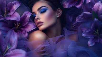 Beautiful and sensual young woman with editorial style and dark floral background.