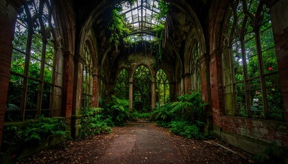Decayed architectural ruin overgrown with vegetation