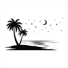 Silhouette of palm trees on a beach under a starry night sky with a crescent moon