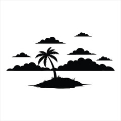 Silhouette of a lone palm tree on a small island under a cloudy sky