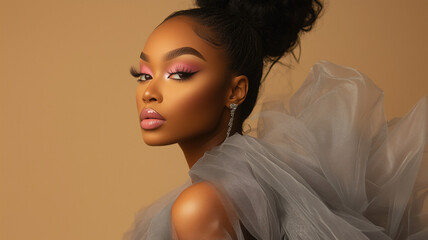 Glamorous portrait of a black woman with pink makeup and a gray tulle dress on a beige background.