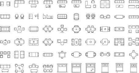 Chair Outline Top View Icon Set - Furniture Thin Line for Interior Design