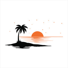 Tropical island sunset silhouette with palm tree