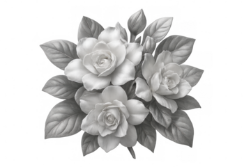 Delicate gardenia blossoms spreading white petals, rendering soft botanical silhouette against transparent backdrop