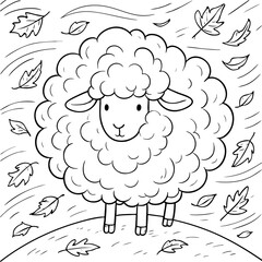 coloring page sheep standing on a windy hilltop its wool puffed out dramatically in all directions like a big fluffy cloud