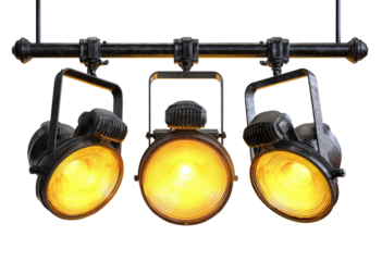 Three vintage spotlights hang from a dark metal bar.  Warm yellow light emanates from each