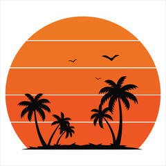 Tropical sunset silhouette with palm trees and birds